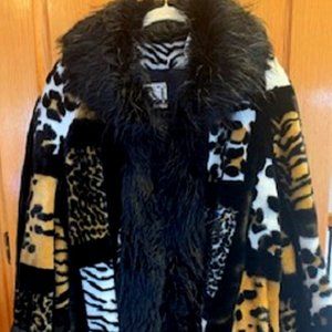 Boulevard East Faux Fur Patchwork Contrast Midi Coat in Animal Print Lined Sz: L